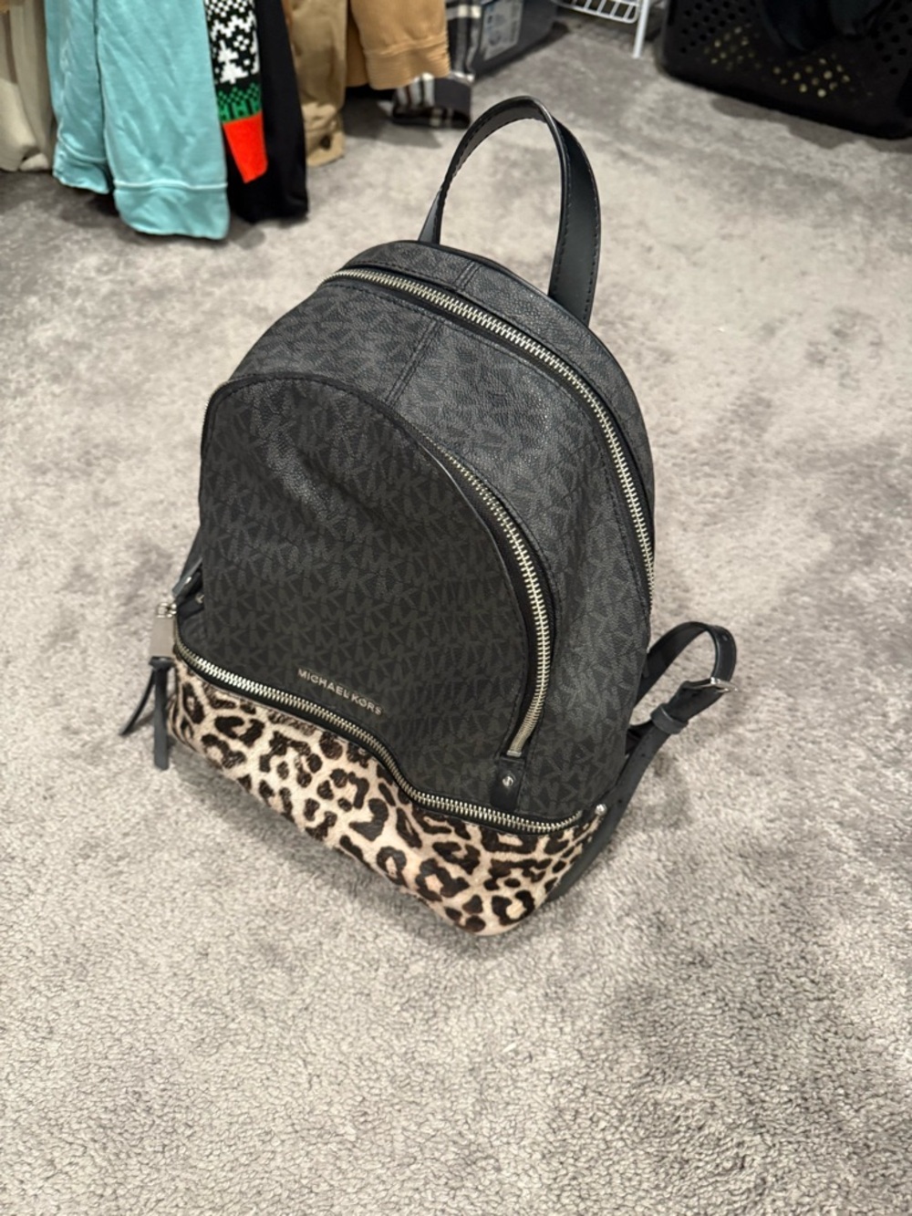 Michael Kors Black Logo Backpack with Leopard Accent
